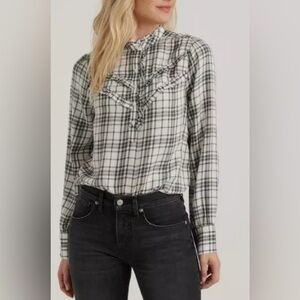 Lucky Brand Plaid Long Sleeve Ruffle Neckline Size Large Black/White Office